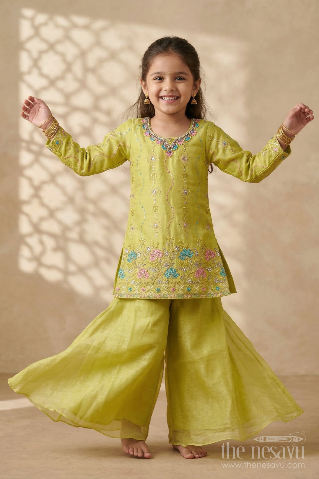 The Nesavu Girls Sharara / Plazo Set Girls Sharara Set for Festive Celebrations and Family Functions Nesavu 24 (5Y) / Yellow / Organza Tissue GPS975A-24 Nesavu girls tissue organza sharara set with embroidered yoke for festive wear