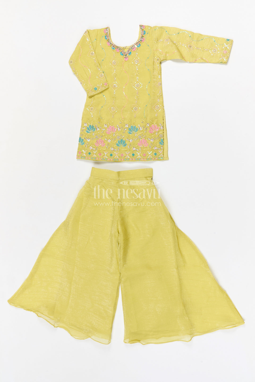 The Nesavu Girls Sharara / Plazo Set Girls Sharara Set for Festive Celebrations and Family Functions Nesavu Nesavu girls tissue organza sharara set with embroidered yoke for festive wear