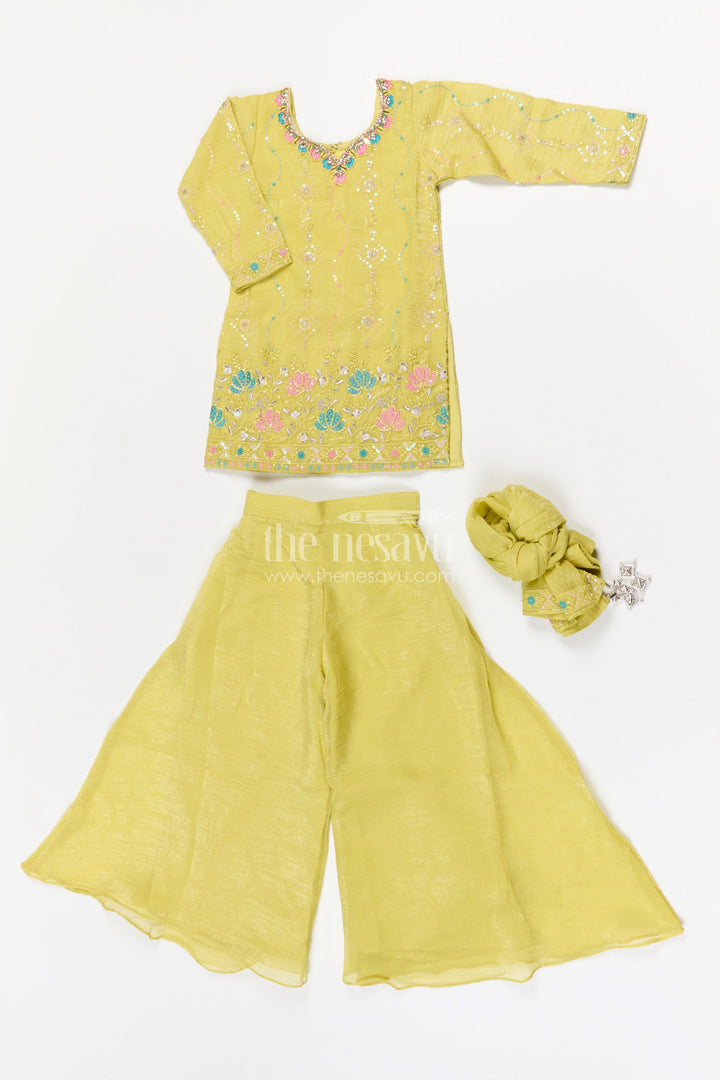 The Nesavu Girls Sharara / Plazo Set Girls Sharara Set for Festive Celebrations and Family Functions Nesavu Nesavu girls tissue organza sharara set with embroidered yoke for festive wear