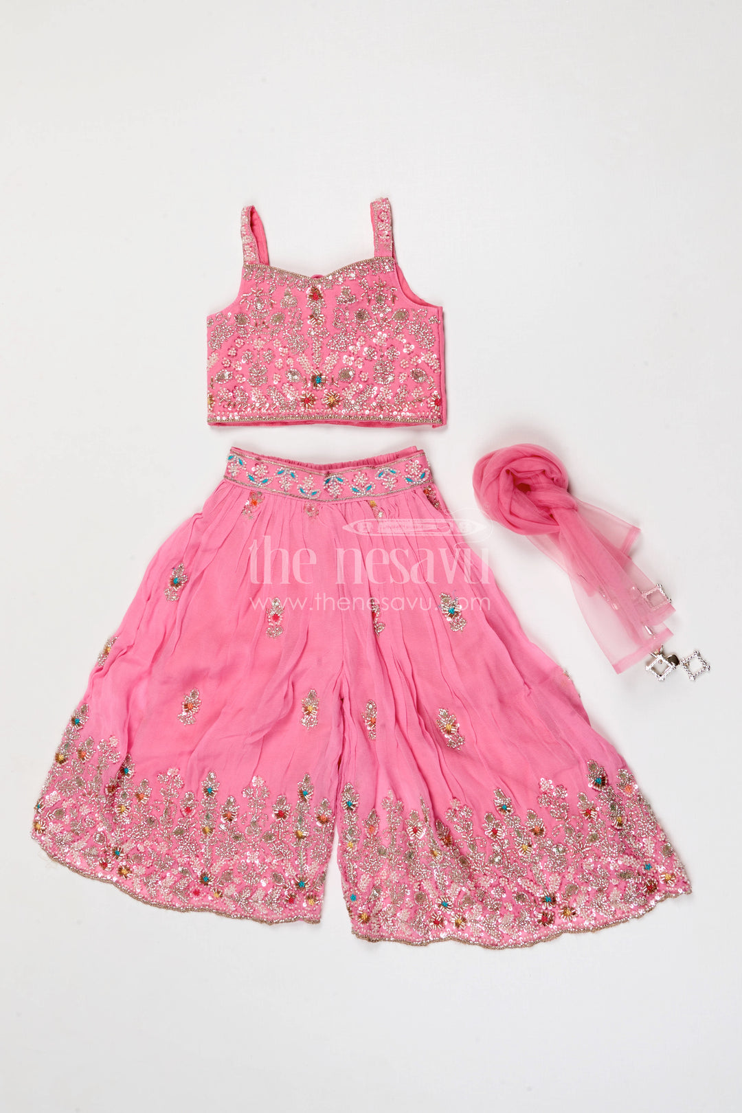 The Nesavu Girls Sharara / Plazo Set Girls Sharara Set for Festive Celebrations and Family Weddings Nesavu Nesavu girls sharara set for weddings and festive celebrations georgette outfit with designer yoke