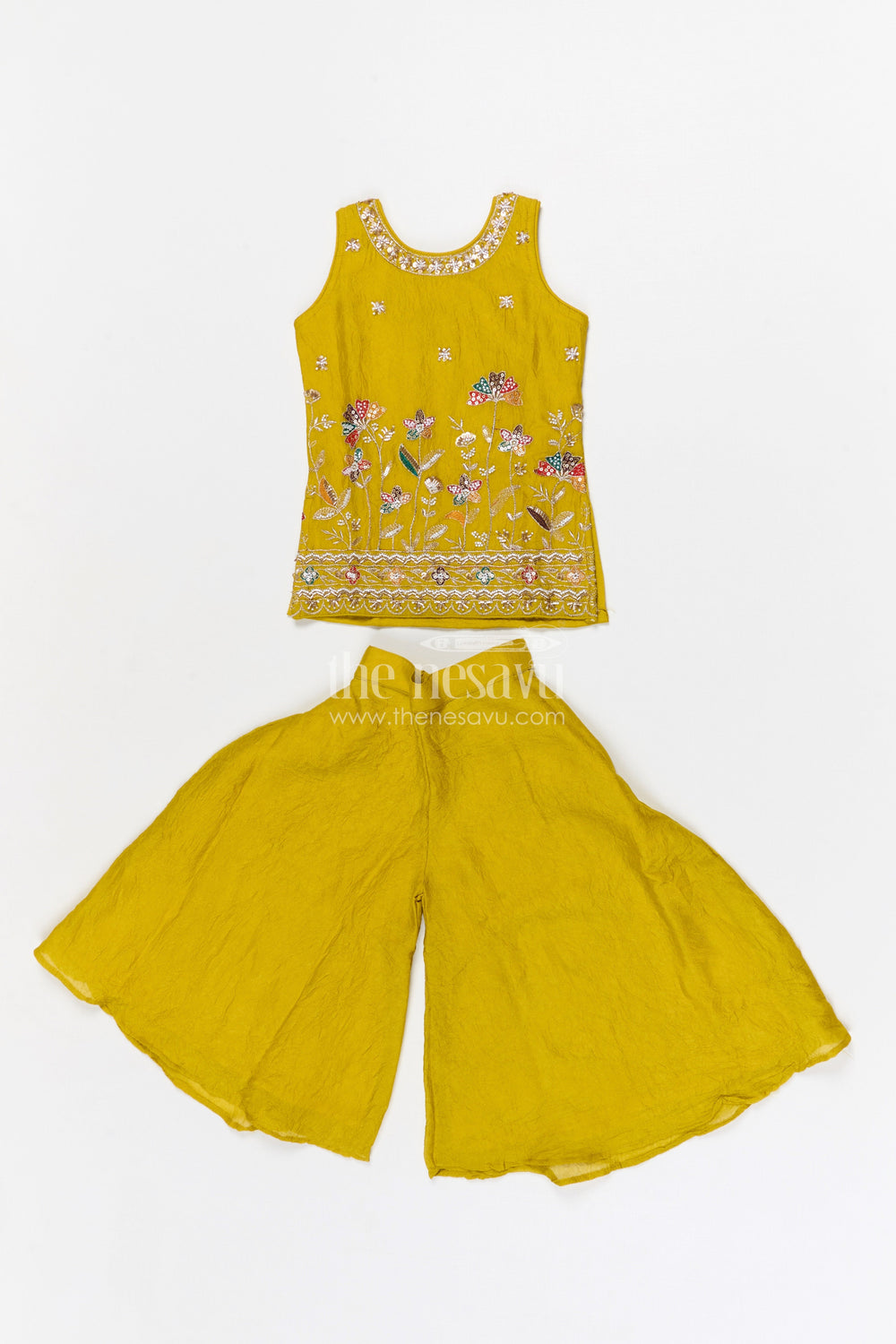 The Nesavu Girls Sharara / Plazo Set Girls Sharara Set for Festive Celebrations and Wedding Functions Nesavu 18 (2Y) / Yellow / Georgette GPS980A-18 Nesavu girls crushed georgette sharara set for weddings and festive celebrations with designer yoke