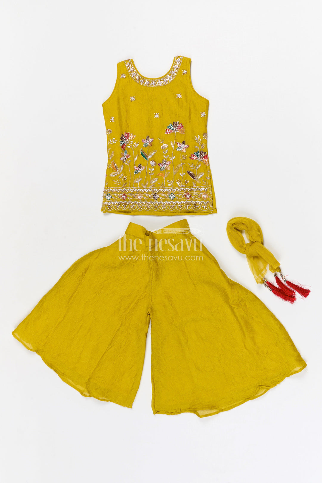 The Nesavu Girls Sharara / Plazo Set Girls Sharara Set for Festive Celebrations and Wedding Functions Nesavu Nesavu girls crushed georgette sharara set for weddings and festive celebrations with designer yoke