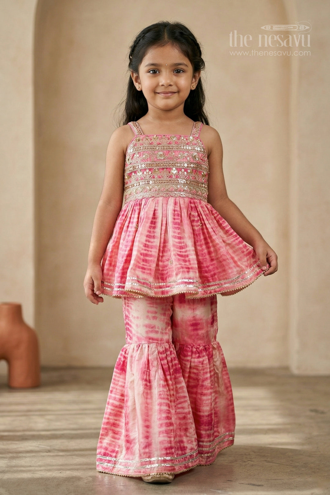 The Nesavu Girls Sharara / Plazo Set Girls Sharara Set for Festive Celebrations and Wedding Occasional Events Nesavu 16 (1Y) / Pink / Silk GPS1006A-16 Nesavu girls crepe silk sharara set with designer embroidered yoke for weddings and festive celebrations