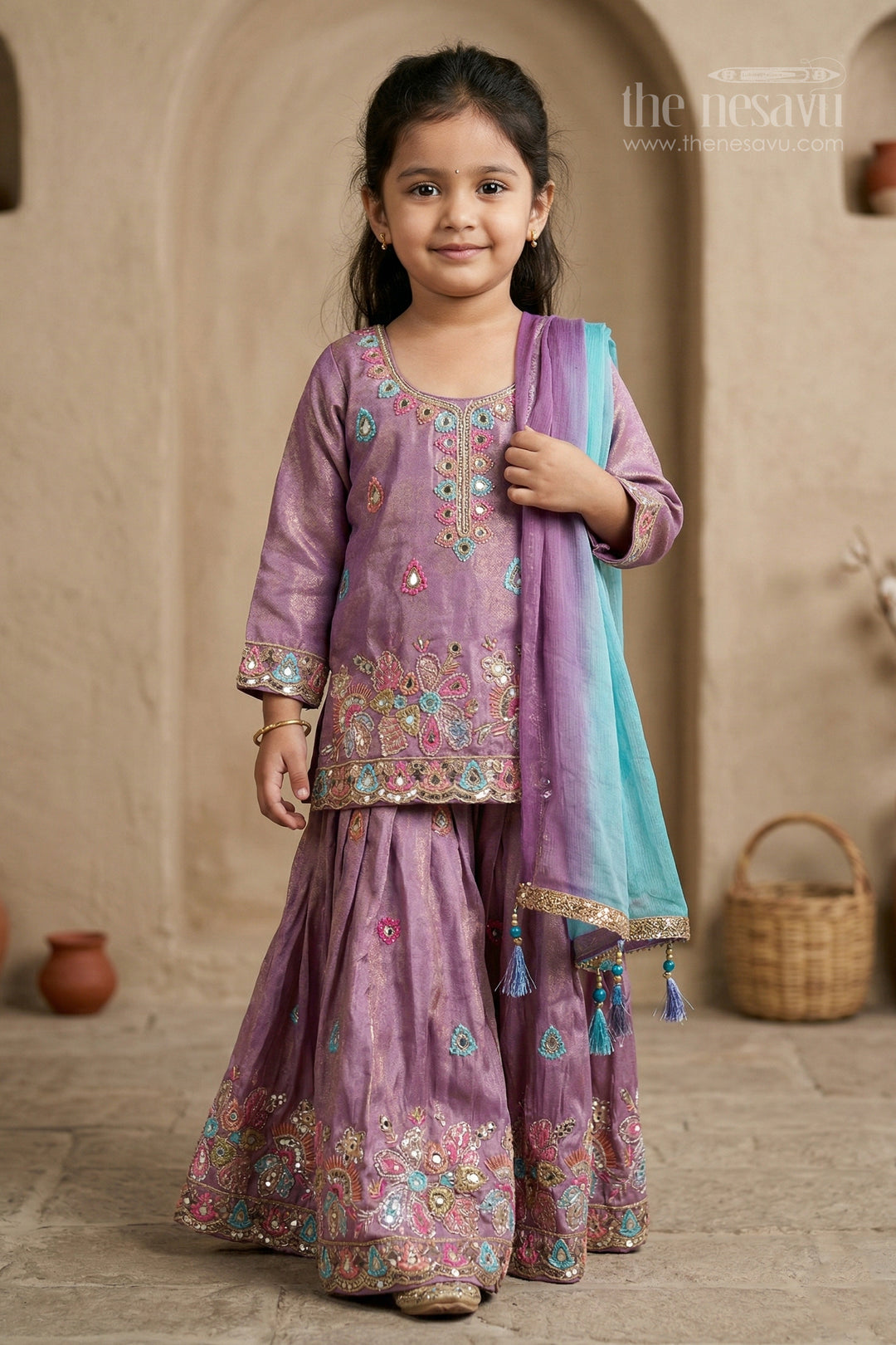The Nesavu Girls Sharara / Plazo Set Girls Sharara Set for Festive Celebrations and Wedding Wear Nesavu 18 (2Y) / Purple / Viscose Silk GPS1020A-18 Nesavu girls viscose silk sharara set with designer embroidery for weddings and festive celebrations