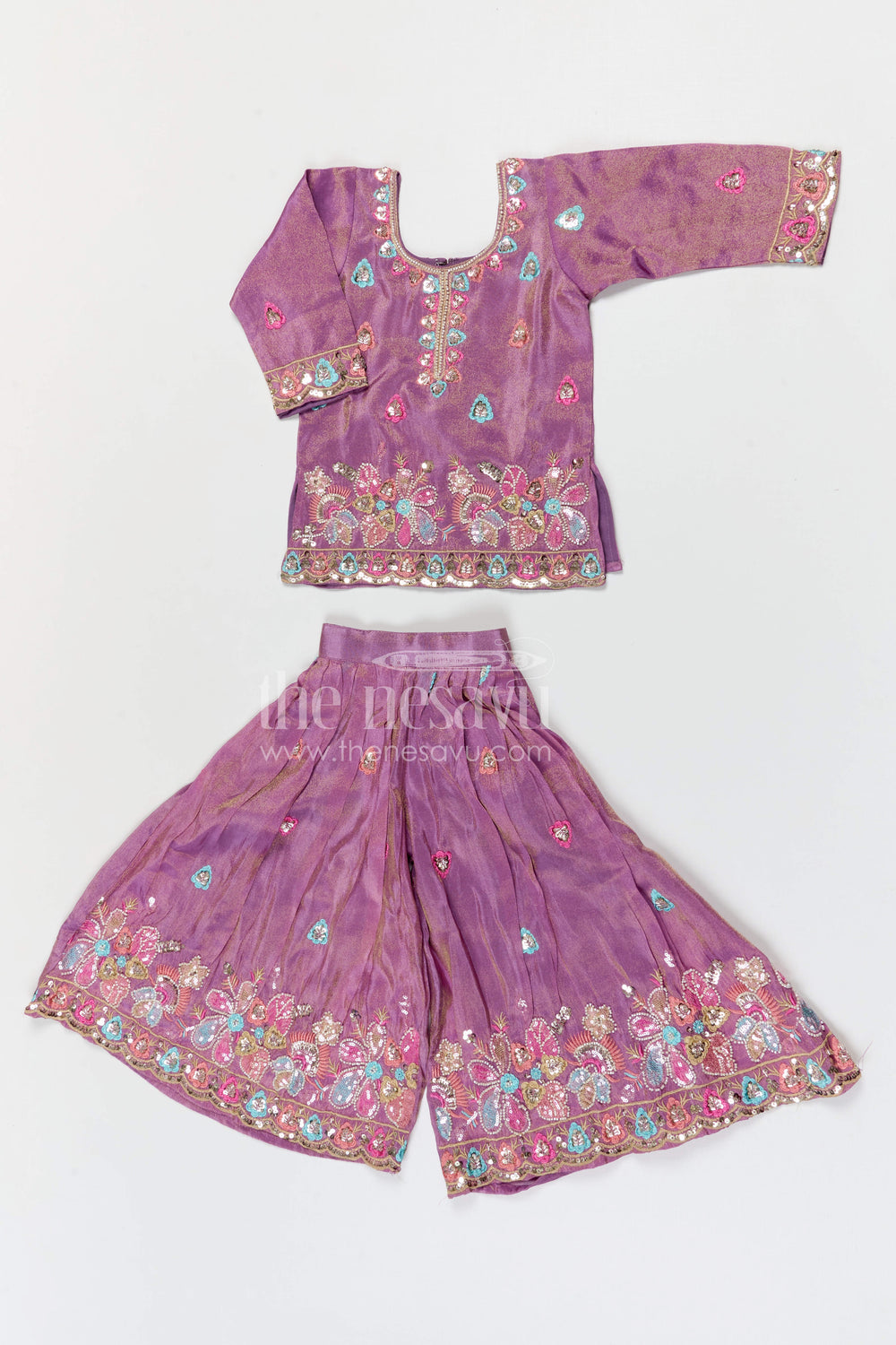 The Nesavu Girls Sharara / Plazo Set Girls Sharara Set for Festive Celebrations and Wedding Wear Nesavu Nesavu girls viscose silk sharara set with designer embroidery for weddings and festive celebrations