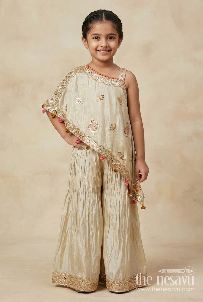 The Nesavu Girls Sharara / Plazo Set Girls Sharara Set for Festive Events and Family Functions Nesavu 22 (4Y) / Cream GPS910A-22 Nesavu cream girls sharara set tissue silk thread embroidery festive wear
