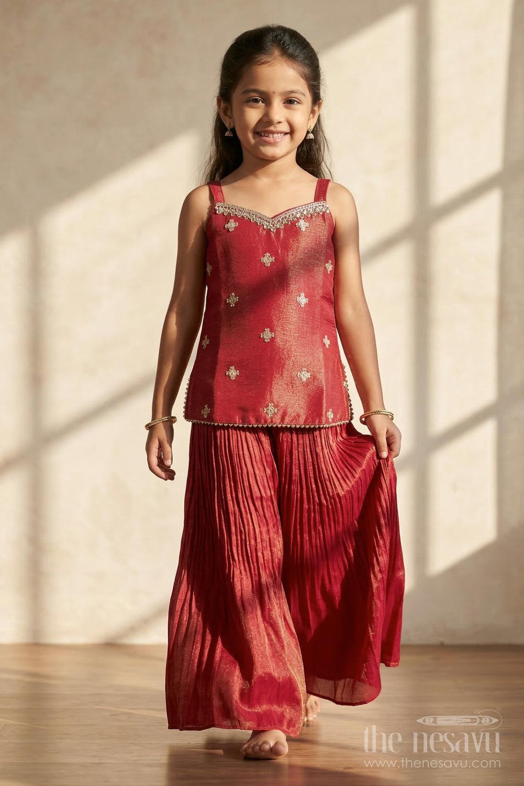 The Nesavu Girls Sharara / Plazo Set Girls Sharara Set for Festive Functions and Celebrations Nesavu 16 (1Y) / Red / Viscose Silk GPS962A-16 Nesavu Girls Viscose Silk Sharara Set With Sequence Embroidery For Festive Weddings And Celebrations