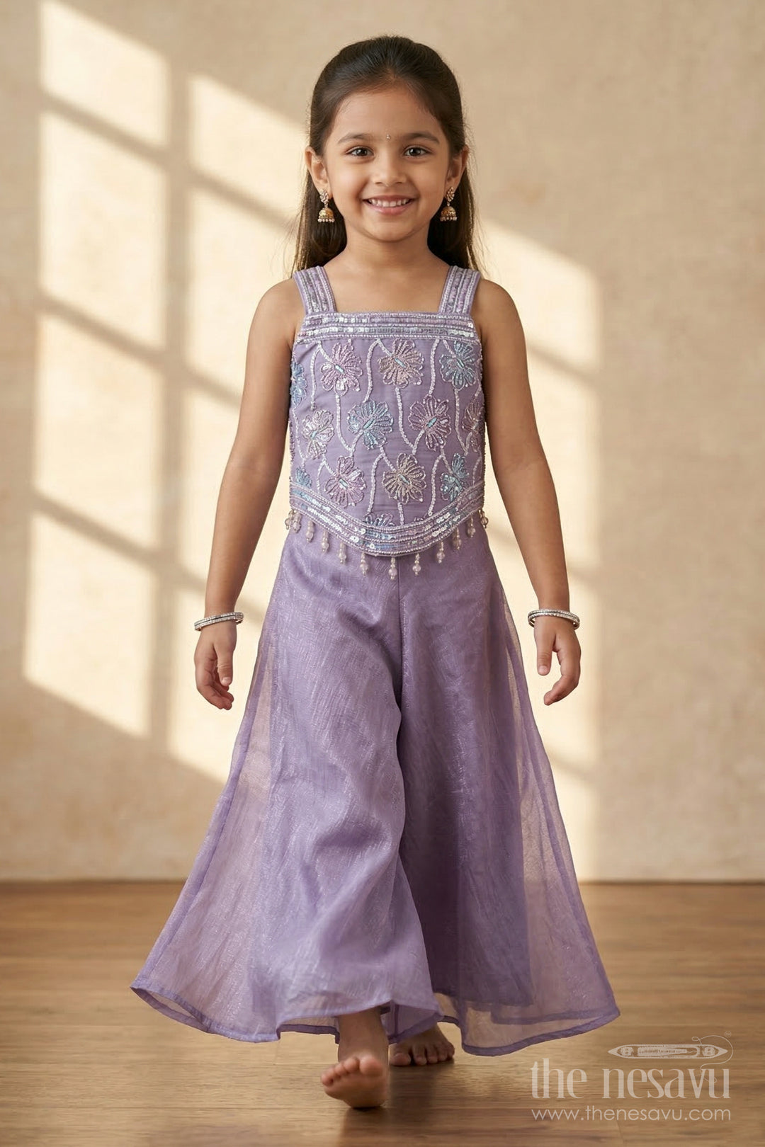 The Nesavu Girls Sharara / Plazo Set Girls Sharara Set for Festive Functions and Family Gatherings Nesavu 18 (2Y) / Purple / Organza Tissue GPS972A-18 Nesavu girls tissue organza sharara set with designer embroidery for festive wear
