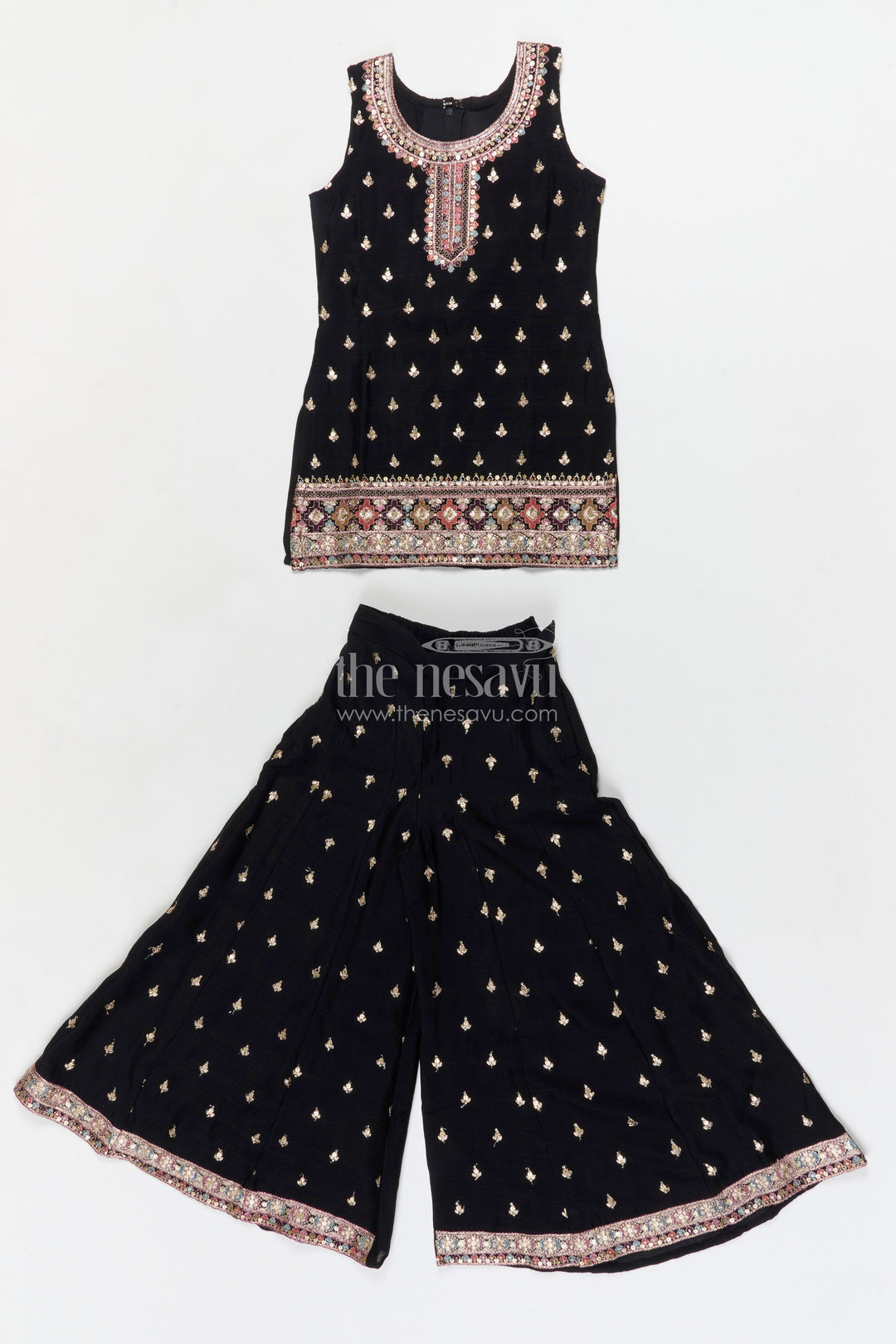 The Nesavu Girls Sharara / Plazo Set Girls Sharara Set for Festive Occasions and Cultural Events Nesavu 24 (5Y) / Black / Georgette GPS944A-24 Nesavu girls georgette sharara set with straight-cut top for weddings and festive functions