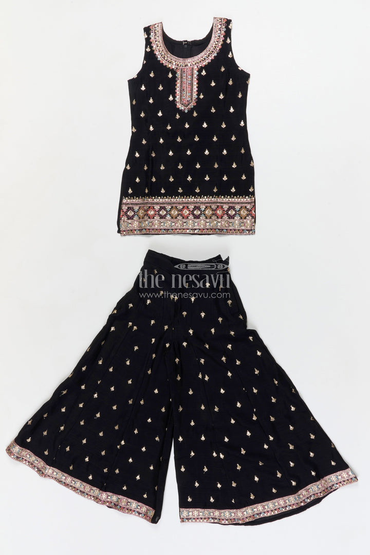 The Nesavu Girls Sharara / Plazo Set Girls Sharara Set for Festive Occasions and Cultural Events Nesavu 24 (5Y) / Black / Georgette GPS944A-24 Nesavu girls georgette sharara set with straight-cut top for weddings and festive functions