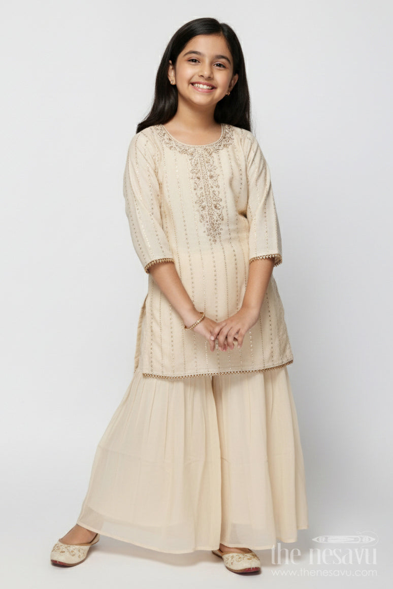The Nesavu Girls Sharara / Plazo Set Girls Sharara Set for Festive Occasions and Cultural Events Nesavu 24 (5Y) / Cream GPS779A-24 Nesavu sharara set girls embroidered yoke festive cultural celebrations