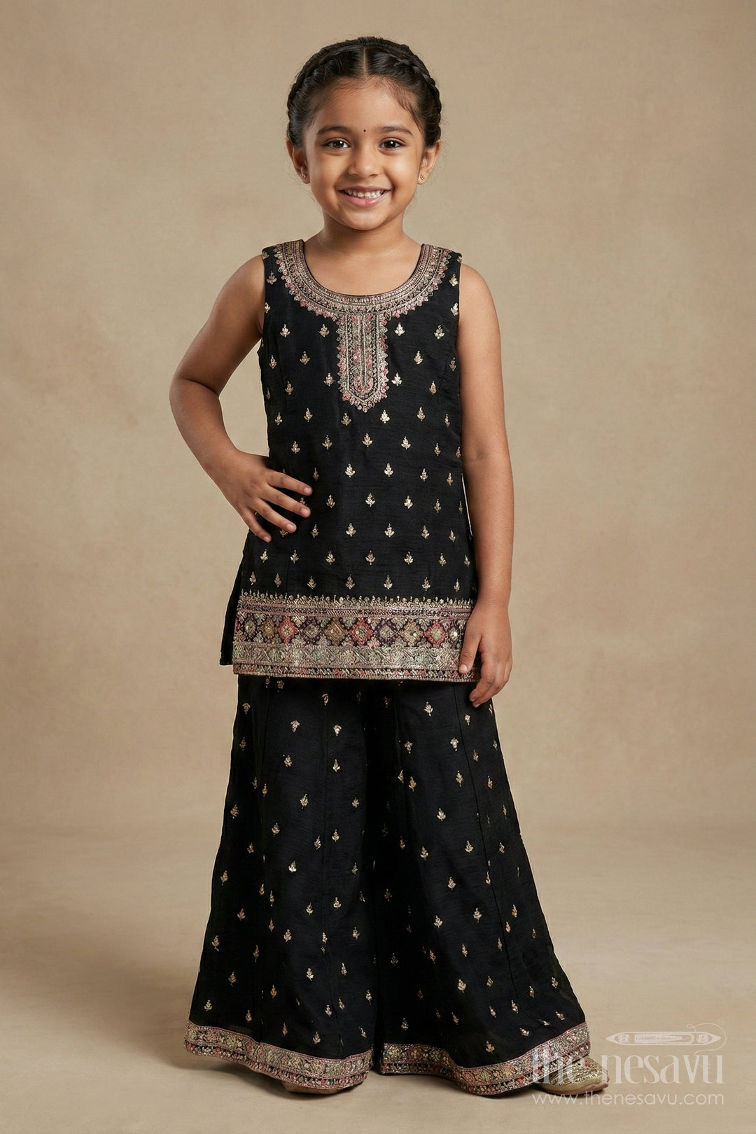 The Nesavu Girls Sharara / Plazo Set Girls Sharara Set for Festive Occasions and Cultural Events Nesavu Nesavu girls georgette sharara set with straight-cut top for weddings and festive functions