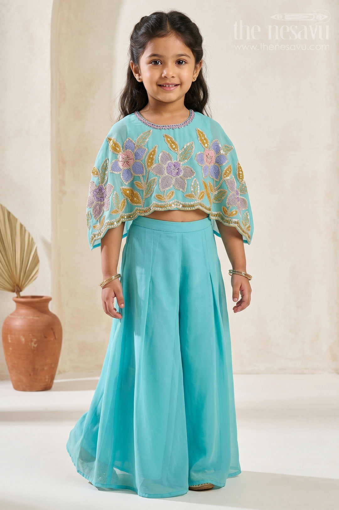 The Nesavu Girls Sharara / Plazo Set Girls Sharara Set for Festive Occasions and Ethnic Celebrations Nesavu 22 (4Y) / Turquoise / Georgette GPS1034C-22 Nesavu Girls Sharara Set With Thread Embroidery For Festive Occasions And Stylish Ethnic Wear