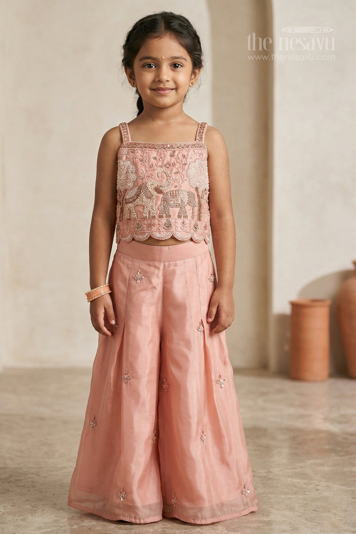 The Nesavu Girls Sharara / Plazo Set Girls Sharara Set for Festive Occasions and Family Celebrations Nesavu 16 (1Y) / Peach / Organza GPS985A-16 Nesavu girls organza sharara set with designer embroidered yoke for weddings and festive celebrations