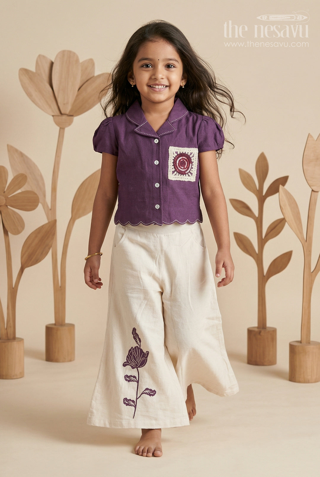 The Nesavu Girls Sharara / Plazo Set Girls Sharara Set for Festive Occasions and Family Functions Nesavu 24 (5Y) / Purple / Cotton GPS1043A-24 Nesavu Girls Sharara Set For Festive Occasions And Family Functions In Soft Cotton Blend Ethnic Wear