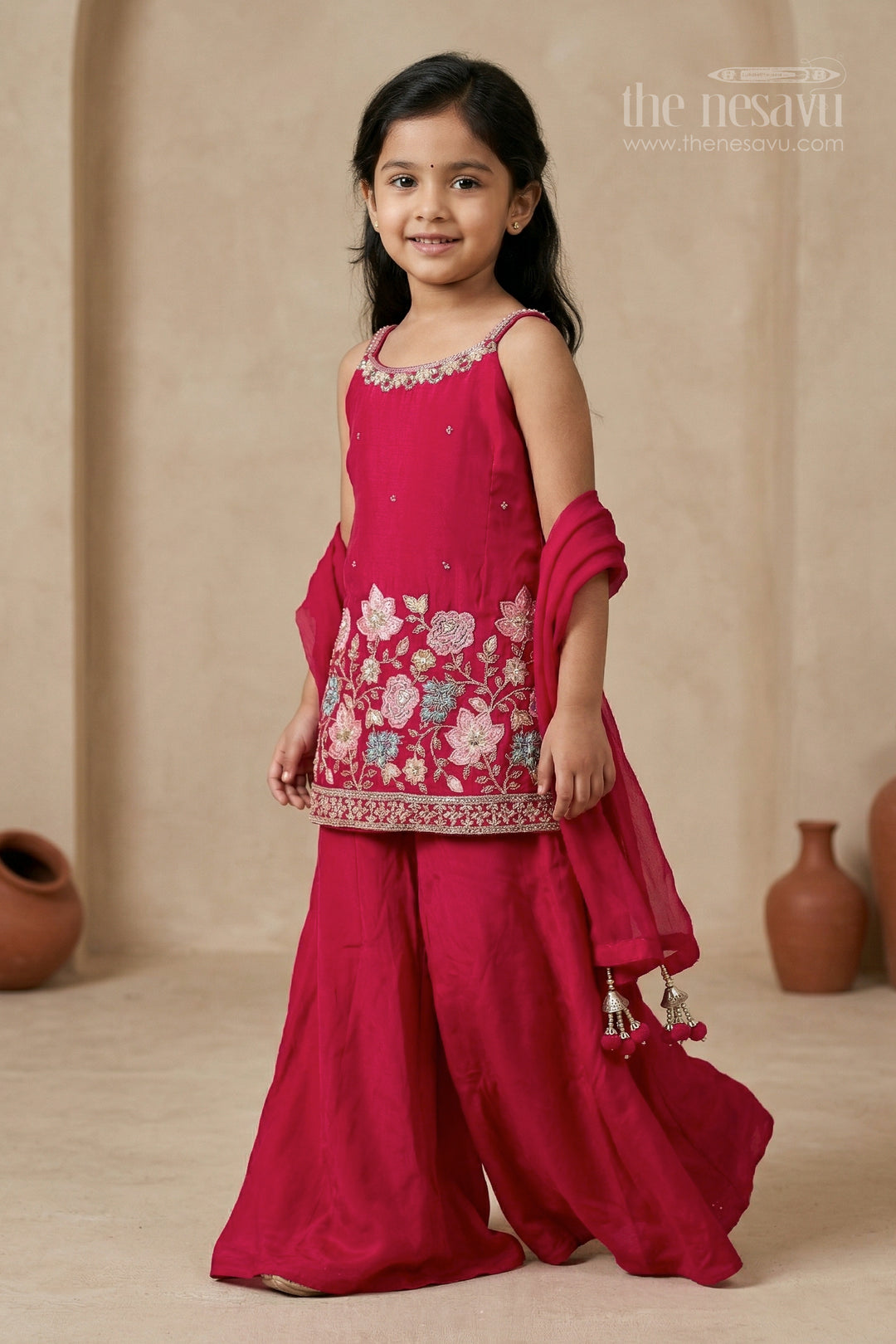 The Nesavu Girls Sharara / Plazo Set Girls Sharara Set for Festive Occasions and Party Wear Nesavu 24 (5Y) / Pink / Georgette GPS1026A-24 Nesavu girls sharara set for festive occasions with georgette fabric and embroidered yoke elegant party wear