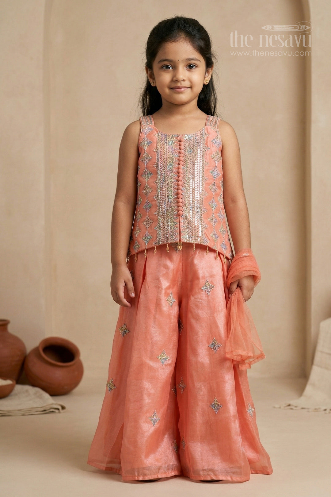 The Nesavu Girls Sharara / Plazo Set Girls Sharara Set for Festive Occasions and Traditional Celebrations Nesavu 18 (2Y) / Orange / Viscose Silk GPS1000B-18 Nesavu girls viscose silk sharara set for festive occasions with designer embroidered yoke
