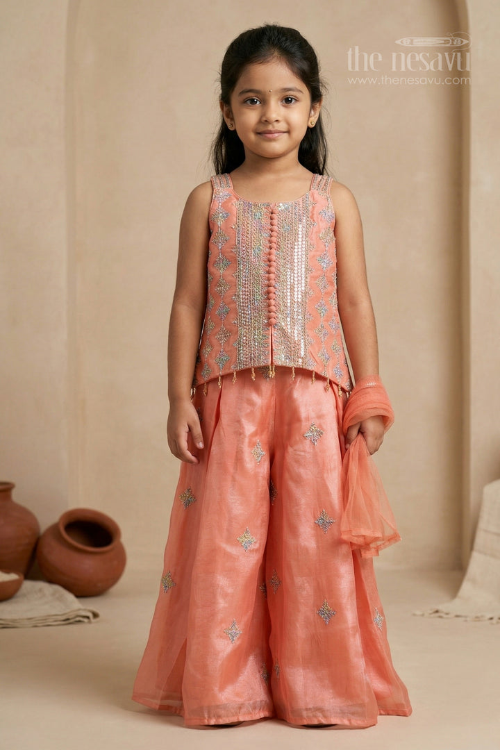 The Nesavu Girls Sharara / Plazo Set Girls Sharara Set for Festive Occasions and Traditional Celebrations Nesavu 18 (2Y) / Orange / Viscose Silk GPS1000B-18 Nesavu girls viscose silk sharara set for festive occasions with designer embroidered yoke
