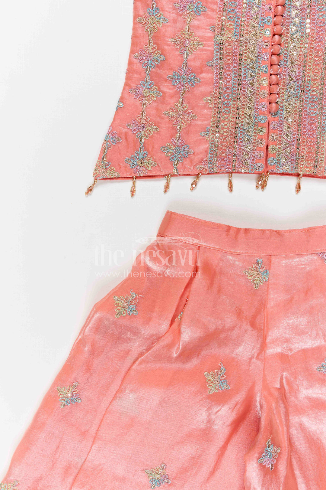 The Nesavu Girls Sharara / Plazo Set Girls Sharara Set for Festive Occasions and Traditional Celebrations Nesavu Nesavu girls viscose silk sharara set for festive occasions with designer embroidered yoke