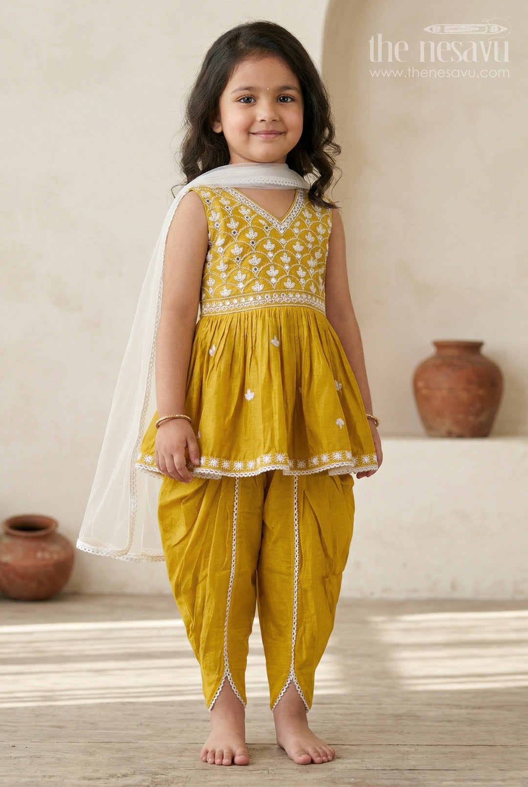 The Nesavu Girls Sharara / Plazo Set Girls Sharara Set for Festive Occasions and Traditional Outings Nesavu 16 (1Y) / Yellow / Georgette GPS686A-16 Nesavu Girls Sharara Set For Festive Occasions With Georgette Chikankari Embroidery And Comfortable Fit