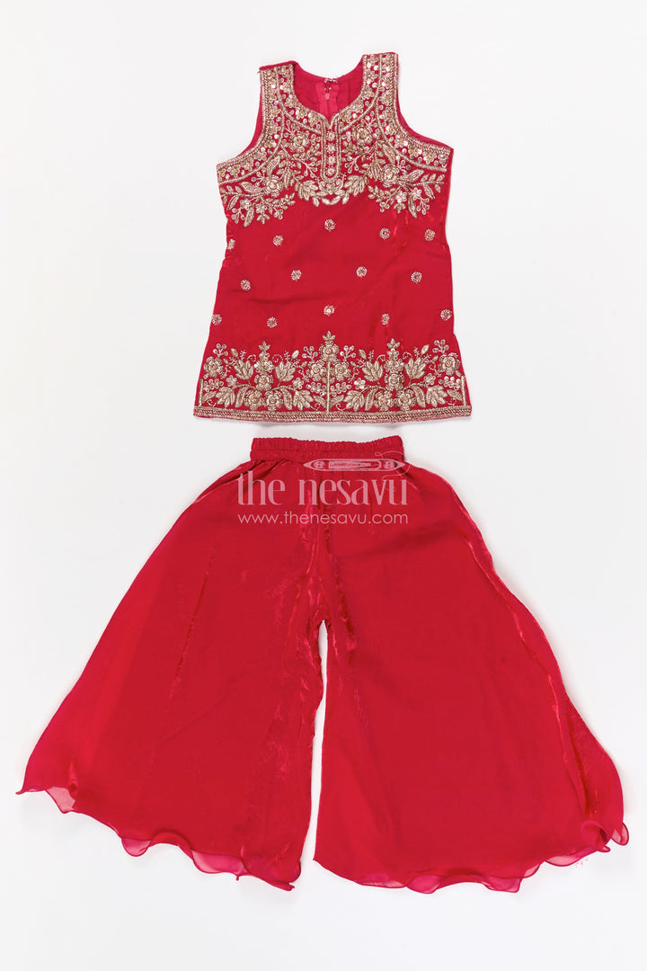 The Nesavu Girls Sharara / Plazo Set Girls Sharara Set for Festive Occasions and Wedding Celebrations Nesavu 24 (5Y) / Red / Organza GPS977A-24 Nesavu girls organza sharara set with designer embroidery for festive wear