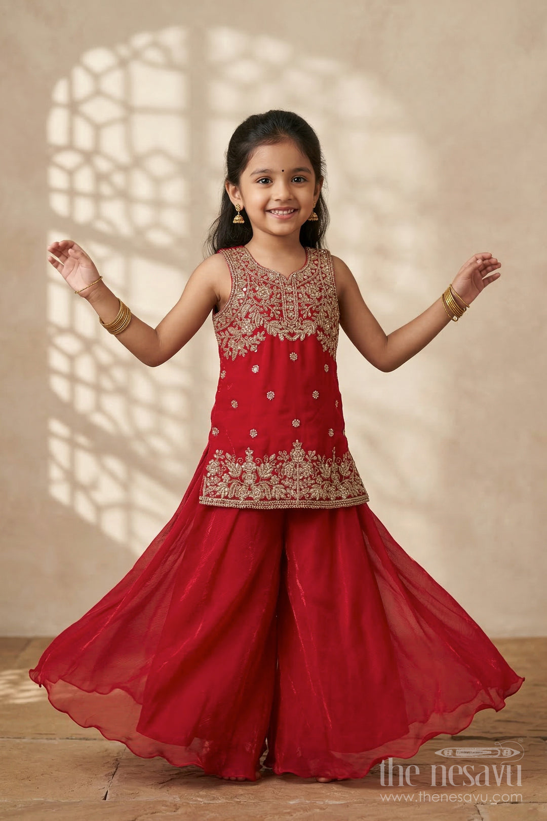 The Nesavu Girls Sharara / Plazo Set Girls Sharara Set for Festive Occasions and Wedding Celebrations Nesavu 24 (5Y) / Red / Organza GPS977A-24 Nesavu girls organza sharara set with designer embroidery for festive wear
