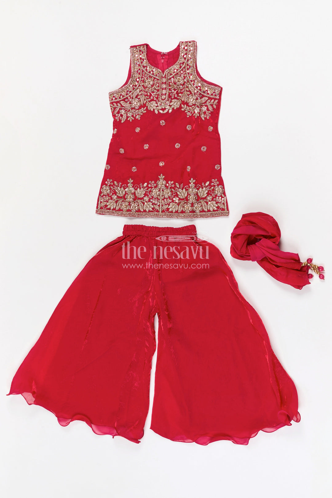 The Nesavu Girls Sharara / Plazo Set Girls Sharara Set for Festive Occasions and Wedding Celebrations Nesavu Nesavu girls organza sharara set with designer embroidery for festive wear