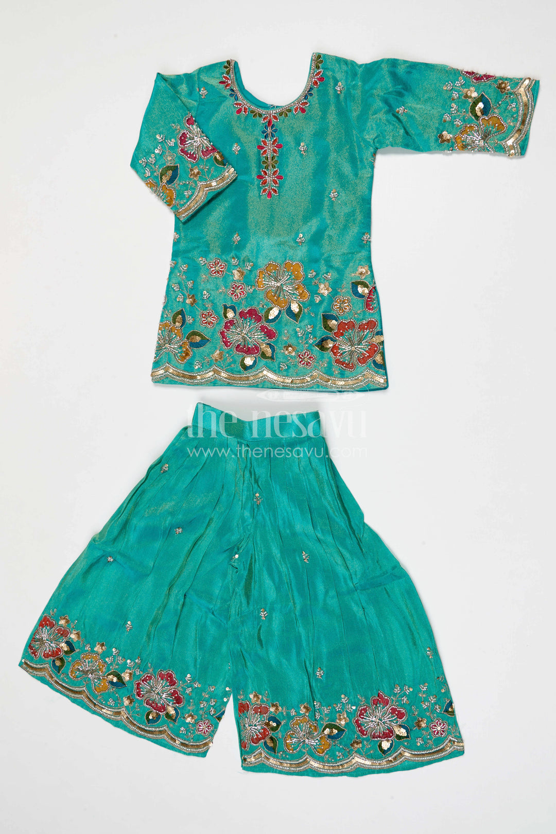 The Nesavu Girls Sharara / Plazo Set Girls Sharara Set for Festive Occasions Nesavu 18 (2Y) / Turquoise / Viscose Silk GPS995B-18 Nesavu girls sharara set for weddings and festive occasions viscose silk designer embroidered outfit