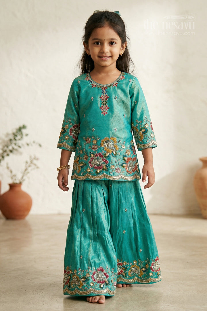 The Nesavu Girls Sharara / Plazo Set Girls Sharara Set for Festive Occasions Nesavu 18 (2Y) / Turquoise / Viscose Silk GPS995B-18 Nesavu girls sharara set for weddings and festive occasions viscose silk designer embroidered outfit