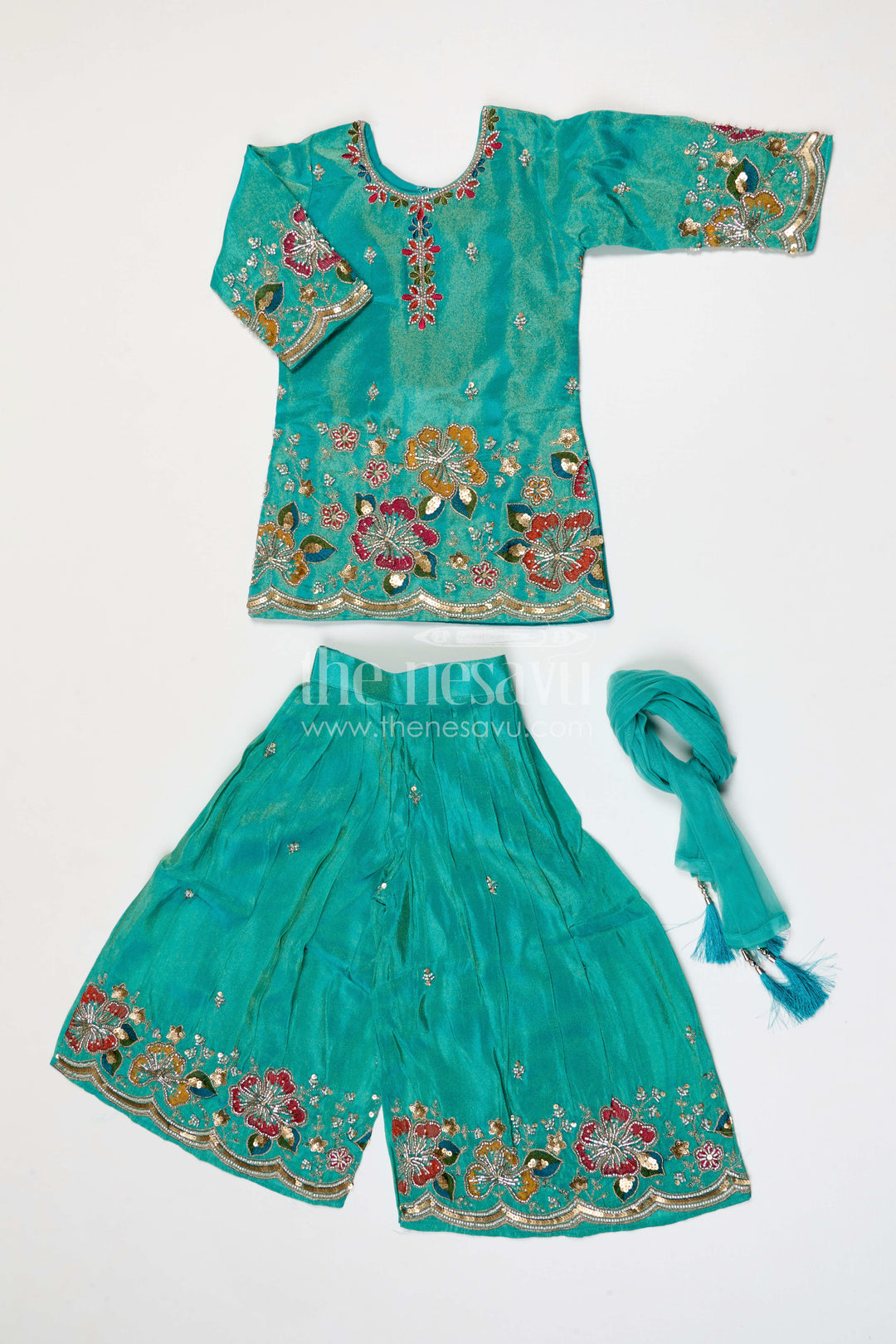 The Nesavu Girls Sharara / Plazo Set Girls Sharara Set for Festive Occasions Nesavu Nesavu girls sharara set for weddings and festive occasions viscose silk designer embroidered outfit