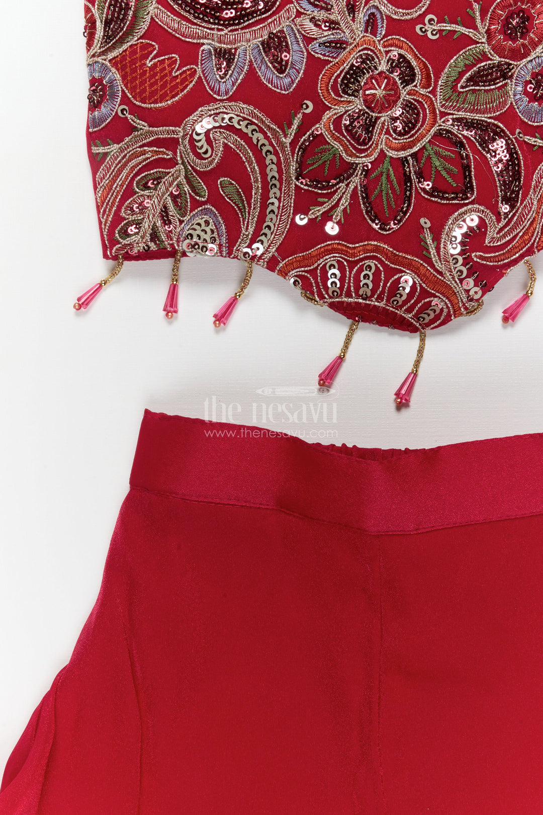 The Nesavu Girls Sharara / Plazo Set Girls Sharara Set for Festive Performances and Wedding Receptions Nesavu Nesavu girls festive sharara set with organza flare and embroidered blouse for weddings