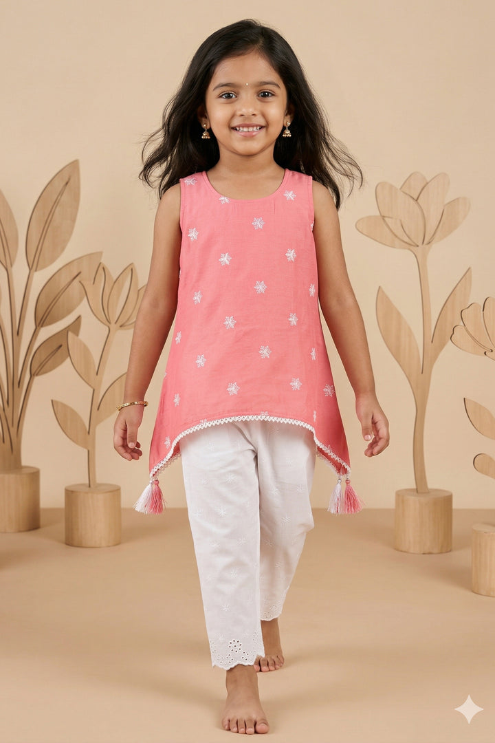 The Nesavu Girls Sharara / Plazo Set Girls Sharara Set for Festive Wear and Family Functions Nesavu 18 (2Y) / Peach / Crepe GPS243C-18 Nesavu Girls Crepe Cotton Sharara Set With Thread Embroidery For Festive Wear And Family Functions