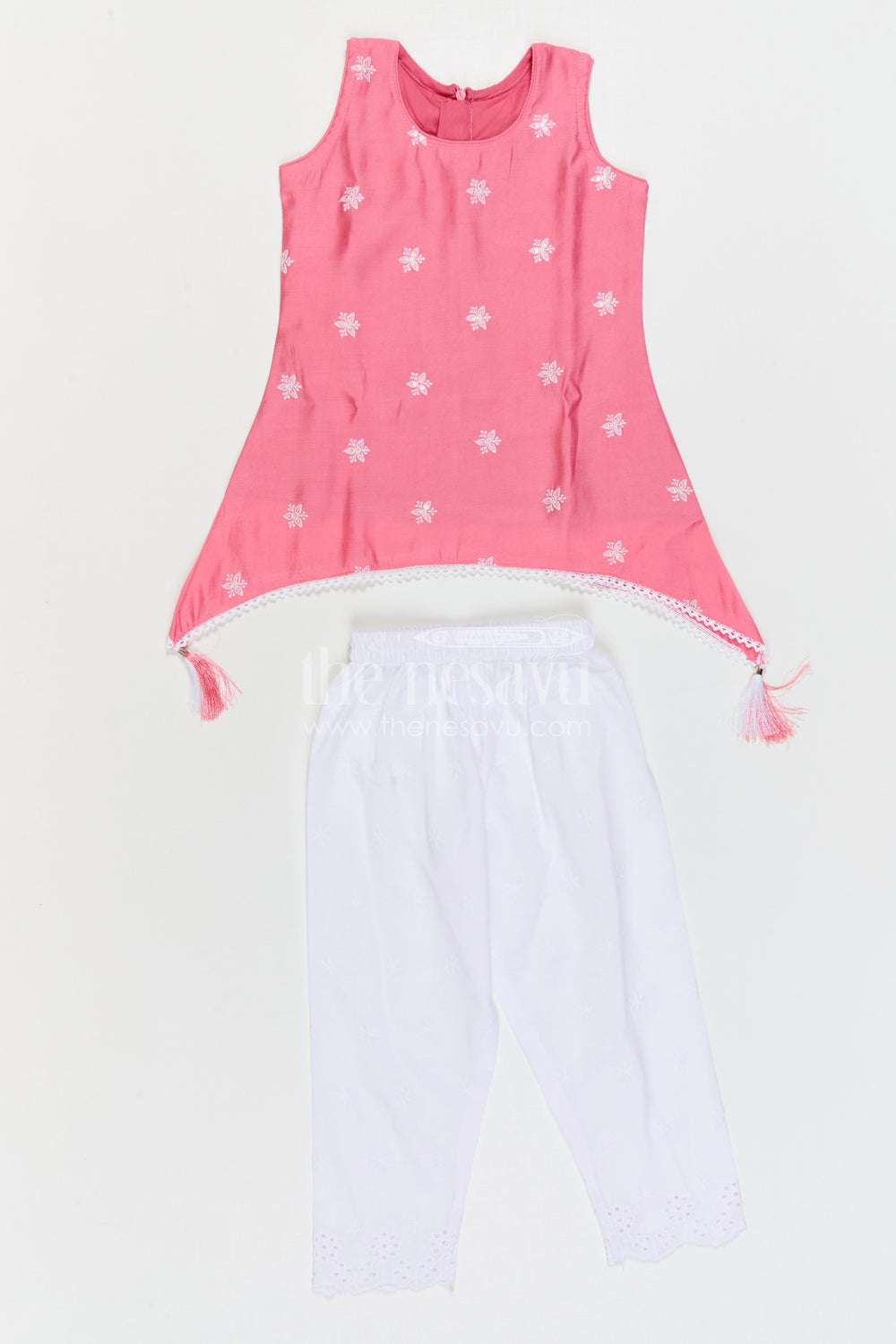 The Nesavu Girls Sharara / Plazo Set Girls Sharara Set for Festive Wear and Family Functions Nesavu Nesavu Girls Crepe Cotton Sharara Set With Thread Embroidery For Festive Wear And Family Functions