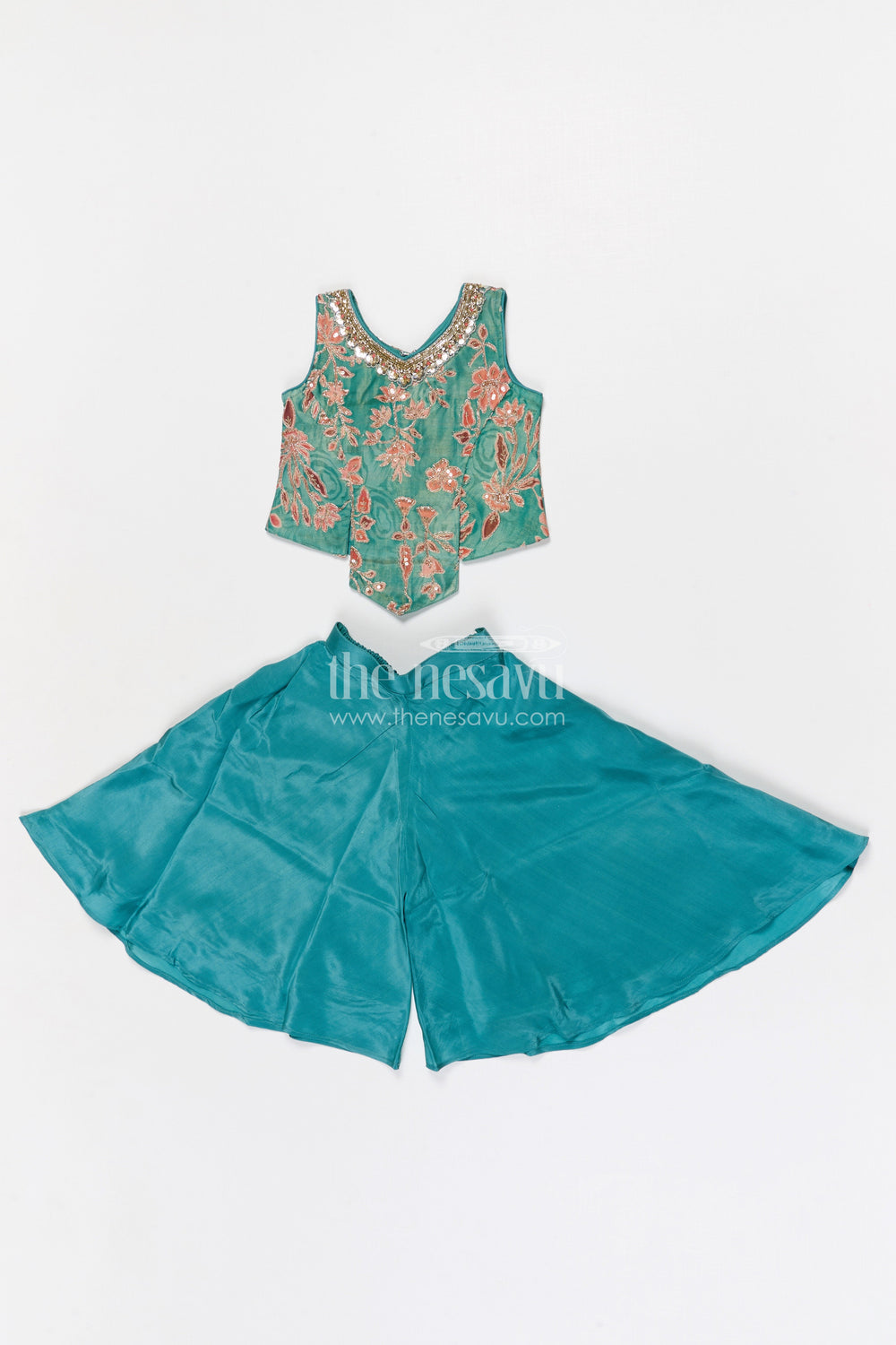 The Nesavu Girls Sharara / Plazo Set Girls Sharara Set for Festive Weddings and Ethnic Celebrations Nesavu 16 (1Y) / Green / Organza Tissue GPS968A-16 Nesavu girls tissue organza sharara set for weddings with designer embroidery