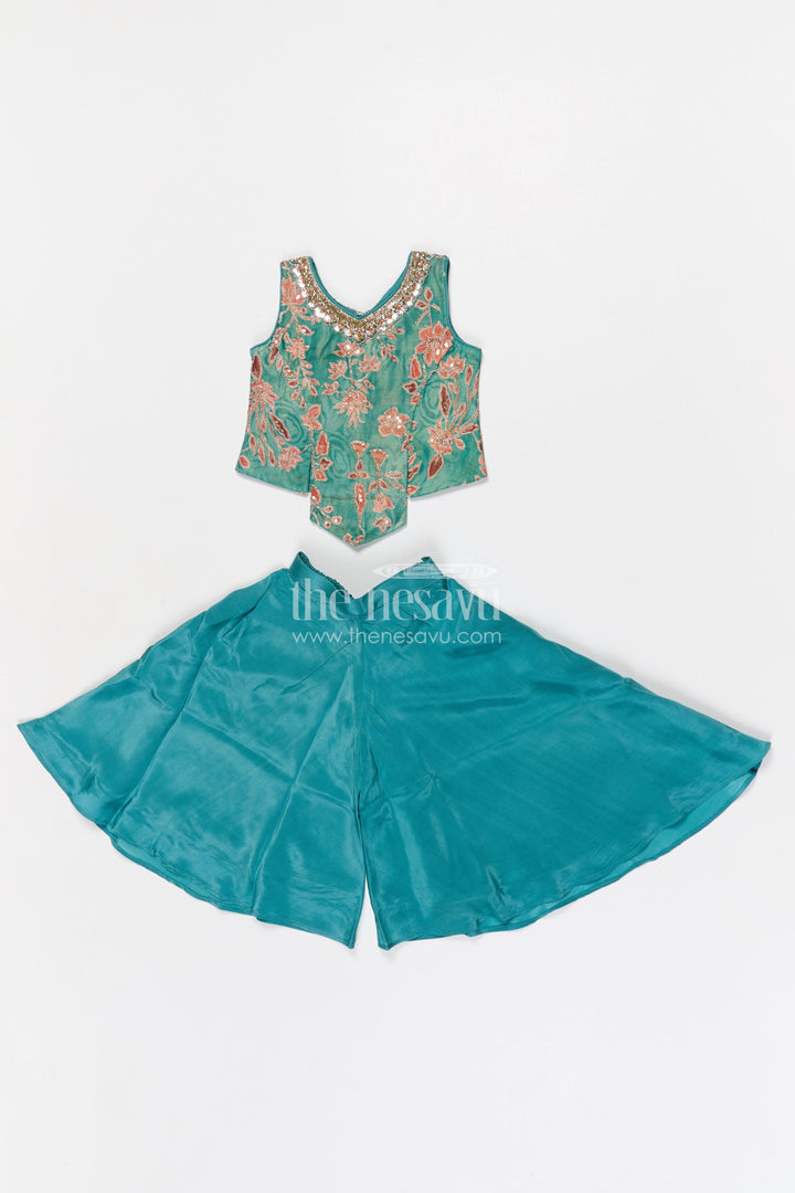 The Nesavu Girls Sharara / Plazo Set Girls Sharara Set for Festive Weddings and Ethnic Celebrations Nesavu 16 (1Y) / Green / Organza Tissue GPS968A-16 Nesavu girls tissue organza sharara set for weddings with designer embroidery