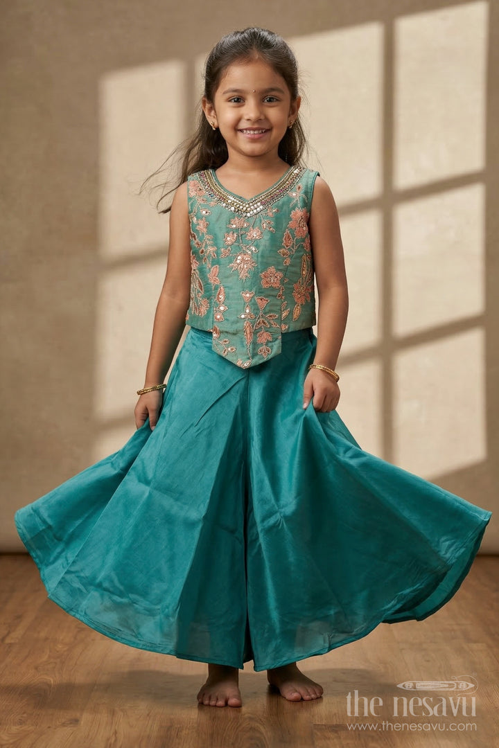 The Nesavu Girls Sharara / Plazo Set Girls Sharara Set for Festive Weddings and Ethnic Celebrations Nesavu 16 (1Y) / Green / Organza Tissue GPS968A-16 Nesavu girls tissue organza sharara set for weddings with designer embroidery