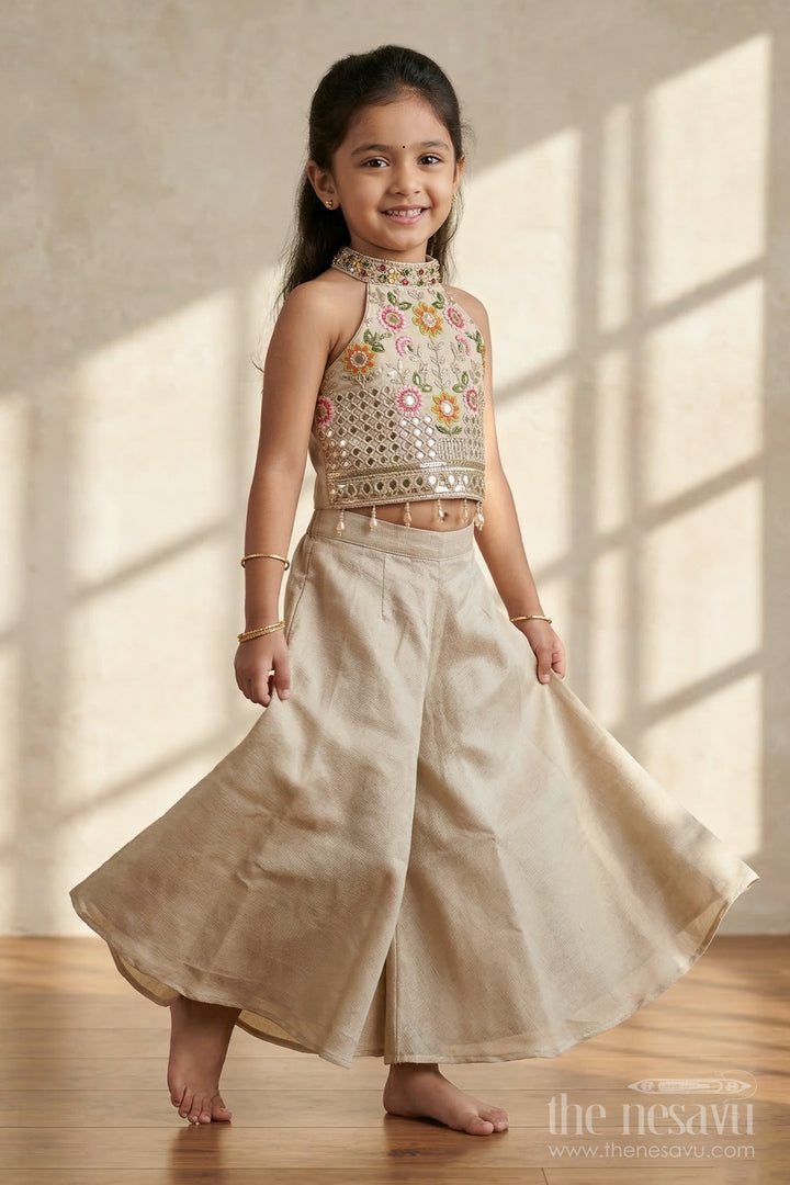 The Nesavu Girls Sharara / Plazo Set Girls Sharara Set for Festive Weddings and Family Functions Nesavu 18 (2Y) / Cream / Viscose Silk GPS966A-18 Nesavu girls sharara set for weddings and festive occasions with sequin embroidered yoke