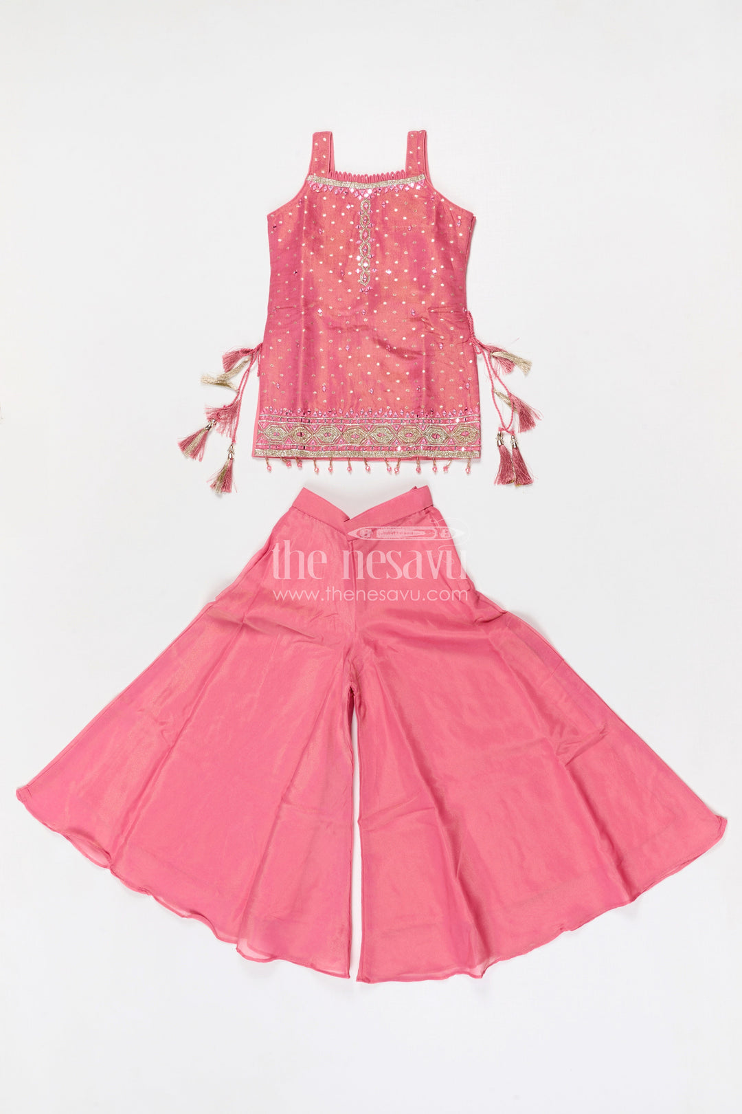 The Nesavu Girls Sharara / Plazo Set Girls Sharara Set for Festive Weddings and Traditional Celebrations Nesavu 24 (5Y) / Pink / Viscose Silk GPS981A-24 Nesavu girls viscose silk sharara set for weddings and festive celebrations with designer yoke