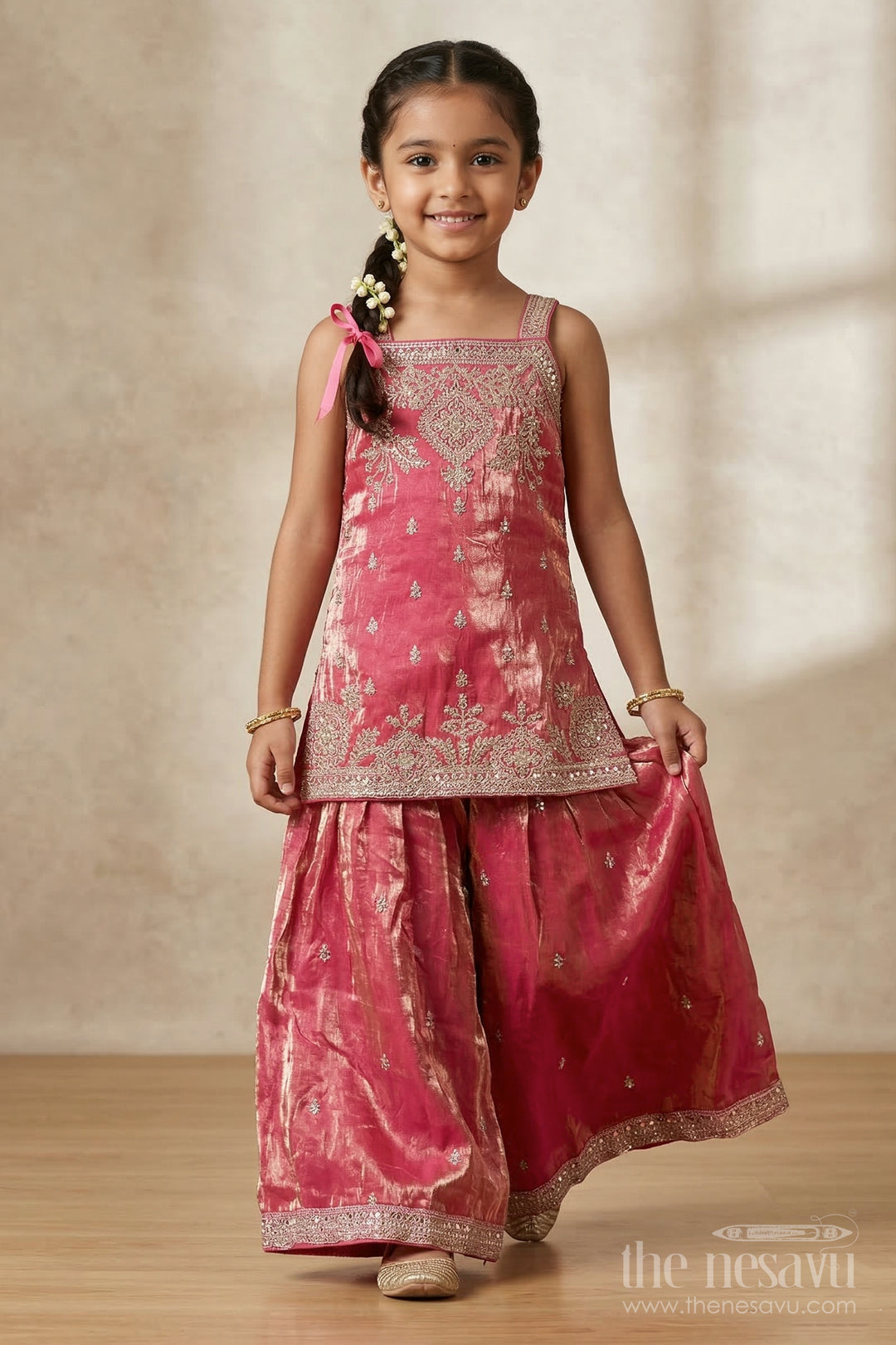The Nesavu Girls Sharara / Plazo Set Girls Sharara Set for Grand Festive Celebrations and Weddings Nesavu 26 (6Y) / Pink / Organza GPS960C-26 Nesavu organza tissue silk girls sharara set for weddings with designer embroidery