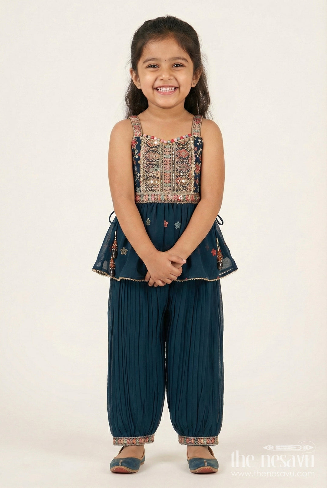 The Nesavu Girls Sharara / Plazo Set Girls Sharara Set for Sangeet, Mehendi and Cultural Events Nesavu 16 (1Y) / Blue GPS882A-16 Nesavu girls sharara set embroidered yoke mehendi sangeet festive performances