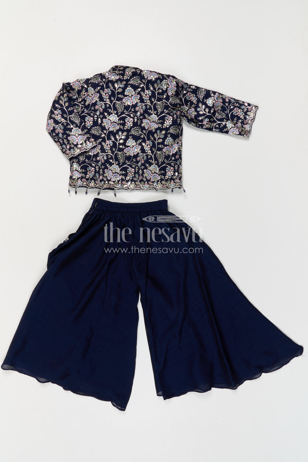 The Nesavu Girls Sharara / Plazo Set Girls Sharara Set for Sangeeth and Festive Occasions Nesavu Nesavu Girls Sharara Set For Weddings And Festive Occasions With Embroidered Jacket And Flowy Pants