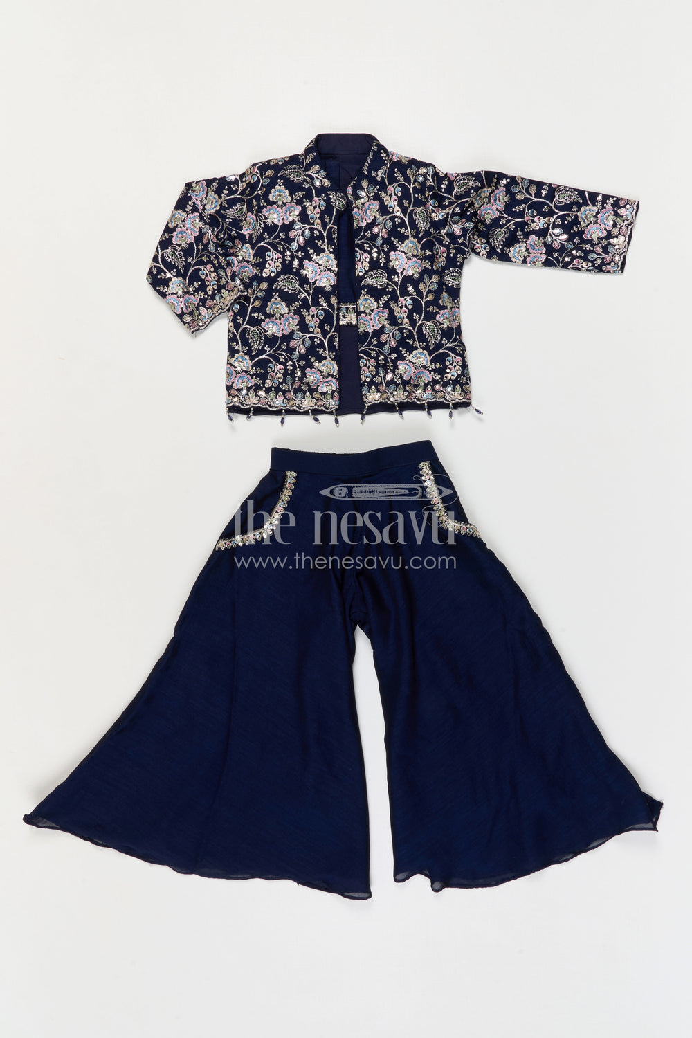 The Nesavu Girls Sharara / Plazo Set Girls Sharara Set for Sangeeth and Festive Occasions Nesavu Nesavu Girls Sharara Set For Weddings And Festive Occasions With Embroidered Jacket And Flowy Pants