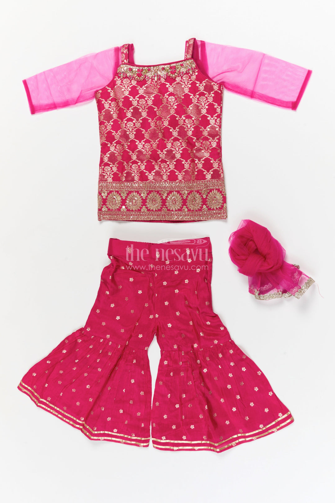 The Nesavu Girls Sharara / Plazo Set Girls Sharara Set for Traditional Celebrations and Festive Events Nesavu Nesavu girls sharara set in jacquard silk for traditional weddings and cultural celebrations