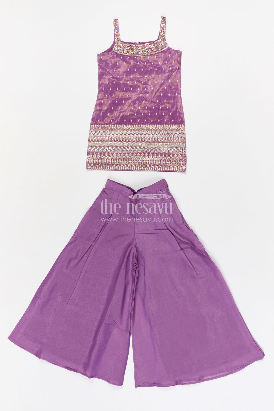 The Nesavu Girls Sharara / Plazo Set Girls Sharara Set for Traditional Functions and Festive Gatherings Nesavu 24 (5Y) / Purple / Viscose Silk GPS982A-24 Nesavu girls viscose silk sharara set for festive gatherings with designer embroidered yoke
