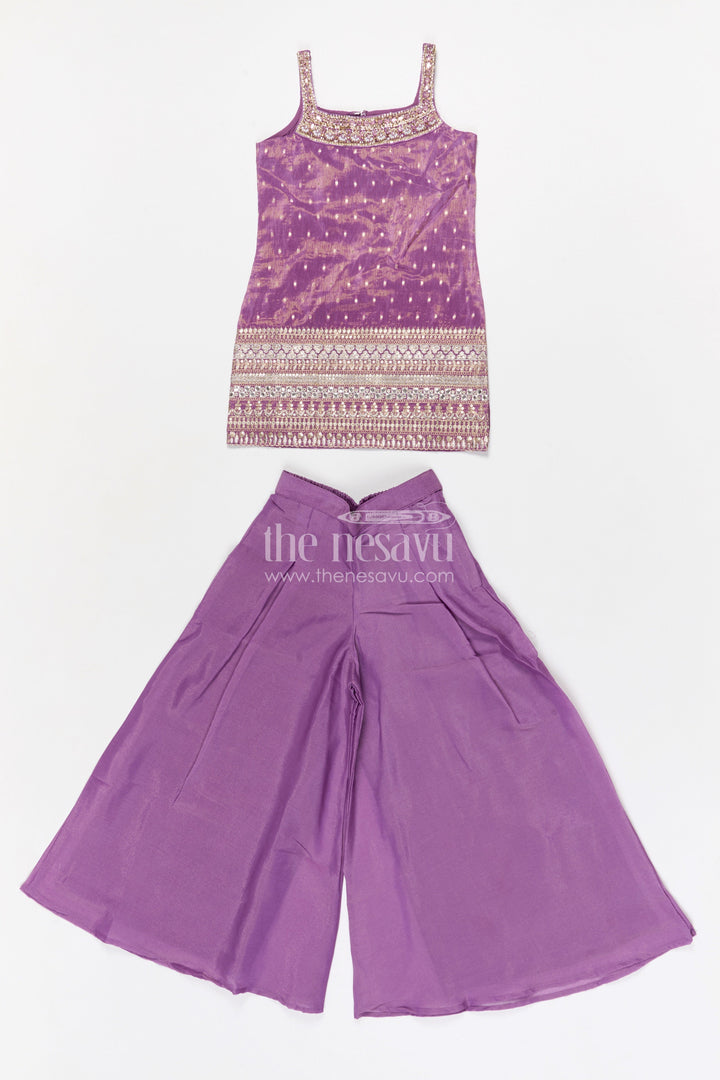The Nesavu Girls Sharara / Plazo Set Girls Sharara Set for Traditional Functions and Festive Gatherings Nesavu 24 (5Y) / Purple / Viscose Silk GPS982A-24 Nesavu girls viscose silk sharara set for festive gatherings with designer embroidered yoke