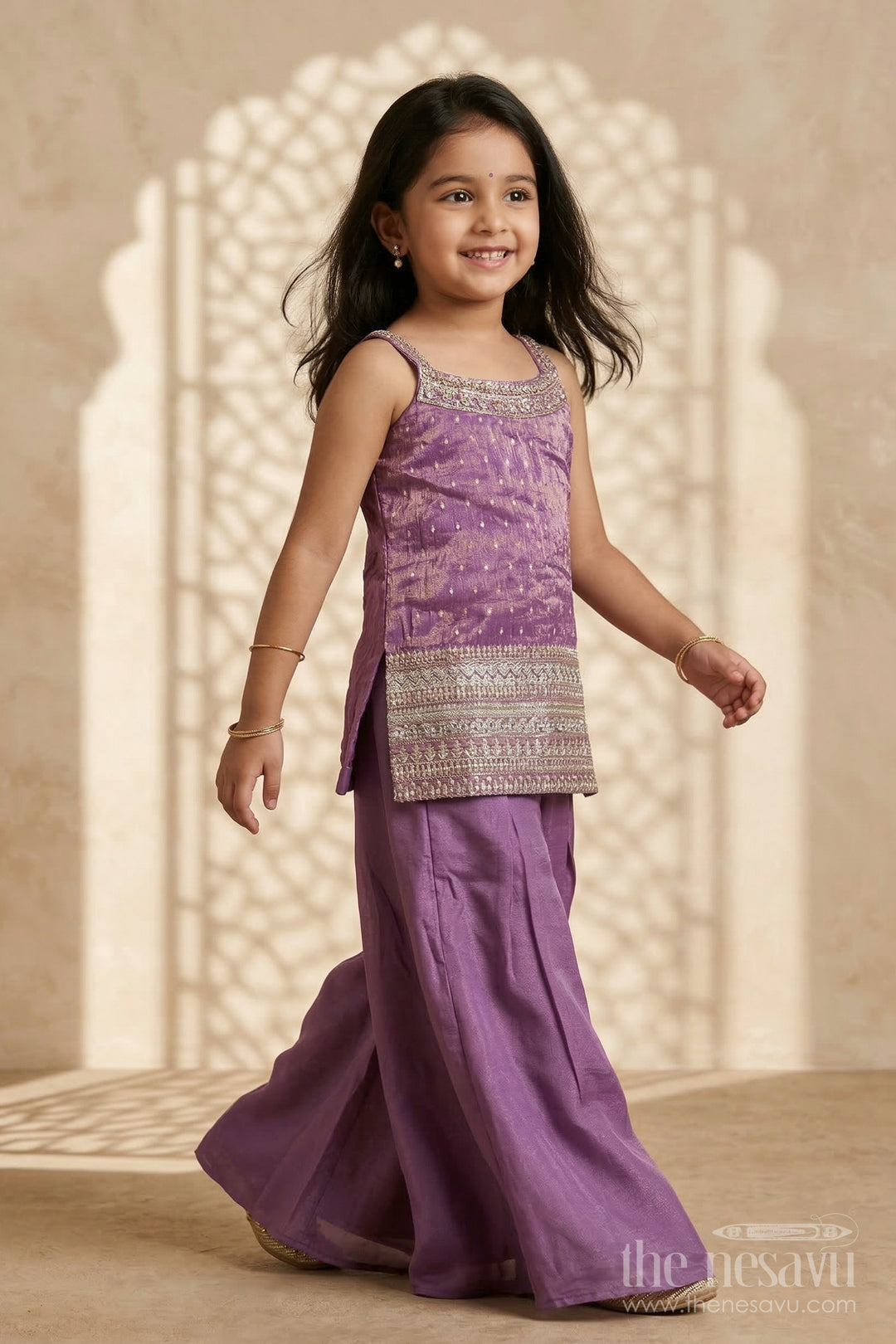 The Nesavu Girls Sharara / Plazo Set Girls Sharara Set for Traditional Functions and Festive Gatherings Nesavu 24 (5Y) / Purple / Viscose Silk GPS982A-24 Nesavu girls viscose silk sharara set for festive gatherings with designer embroidered yoke