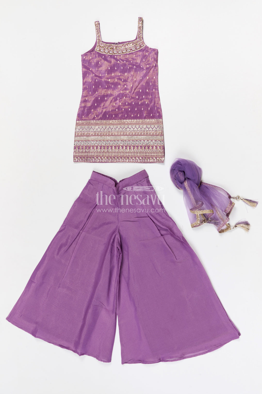 The Nesavu Girls Sharara / Plazo Set Girls Sharara Set for Traditional Functions and Festive Gatherings Nesavu Nesavu girls viscose silk sharara set for festive gatherings with designer embroidered yoke