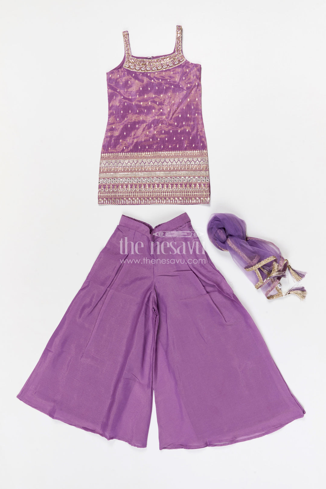 The Nesavu Girls Sharara / Plazo Set Girls Sharara Set for Traditional Functions and Festive Gatherings Nesavu Nesavu girls viscose silk sharara set for festive gatherings with designer embroidered yoke