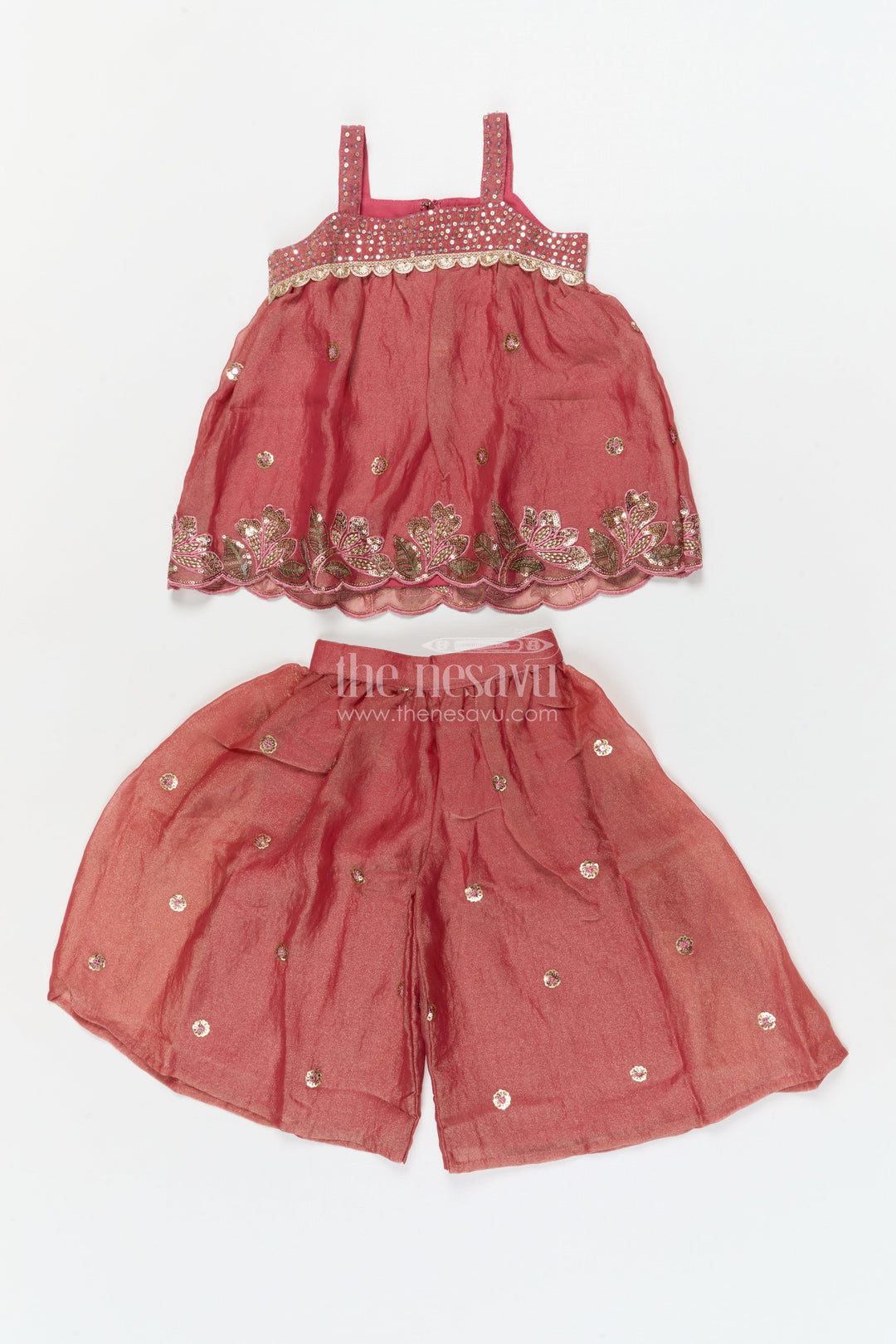 The Nesavu Girls Sharara / Plazo Set Girls Sharara Set for Wedding and Festive Celebrations Nesavu 16 (1Y) / Peach / Organza GPS947A-16 Nesavu girls sharara set in organza for weddings and festive functions with embroidered kurti