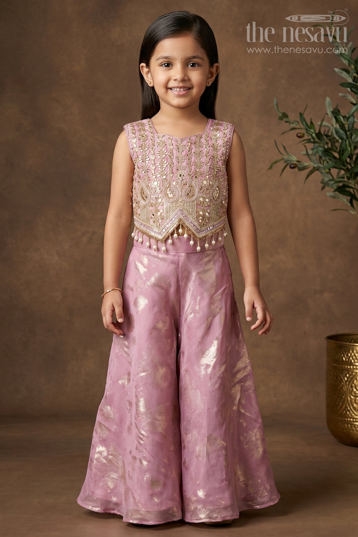 The Nesavu Girls Sharara / Plazo Set Girls Sharara Set for Wedding Celebrations and Festive Occasions Nesavu 18 (2Y) / Pink / Organza Tissue GPS1069A-18 Nesavu Girls Sharara Set For Weddings And Festive Celebrations With Embroidered Designer Yoke